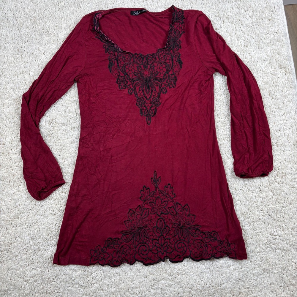 Phool‎ Burgundy Embroidered Tunic Top Long Sleeve Women's Size S